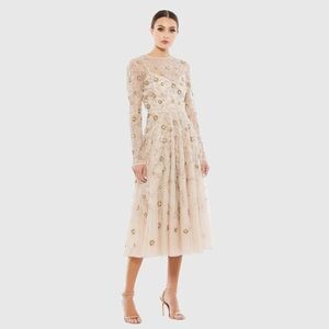 NWT $498 MAC DUGGAL Beaded Illusion High Neck Long Sleeve Floral Gown 10799